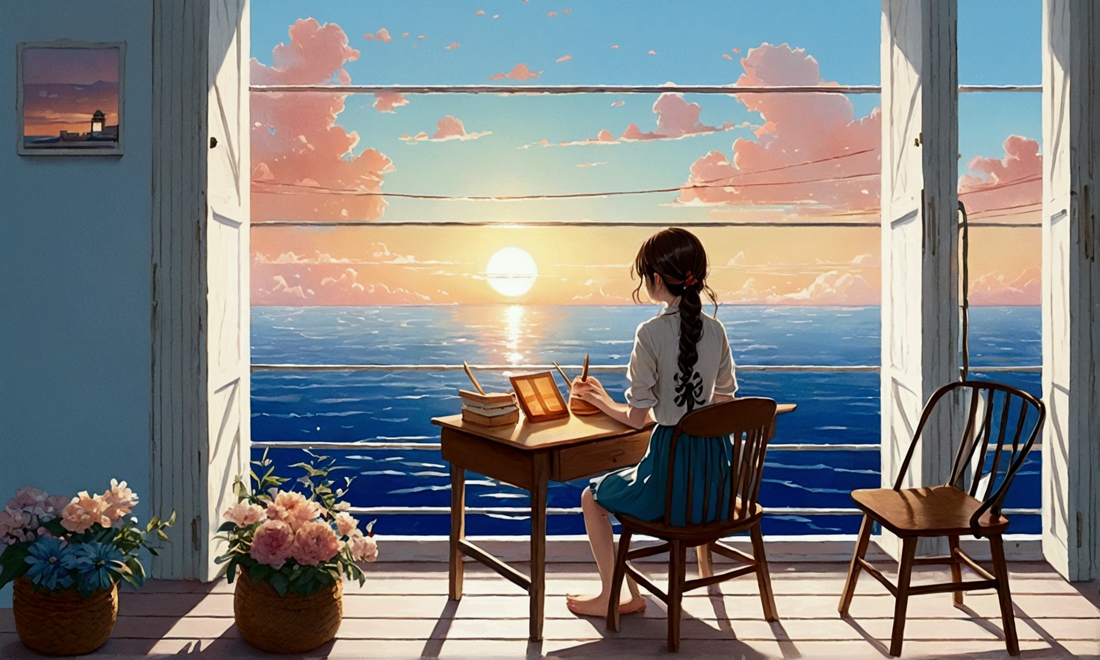 White Room、The sea seen from the window、evening、Girl Catching the Wind、Wooden chair and desk、Notebook on the desk、An illustration、Sunset、anime