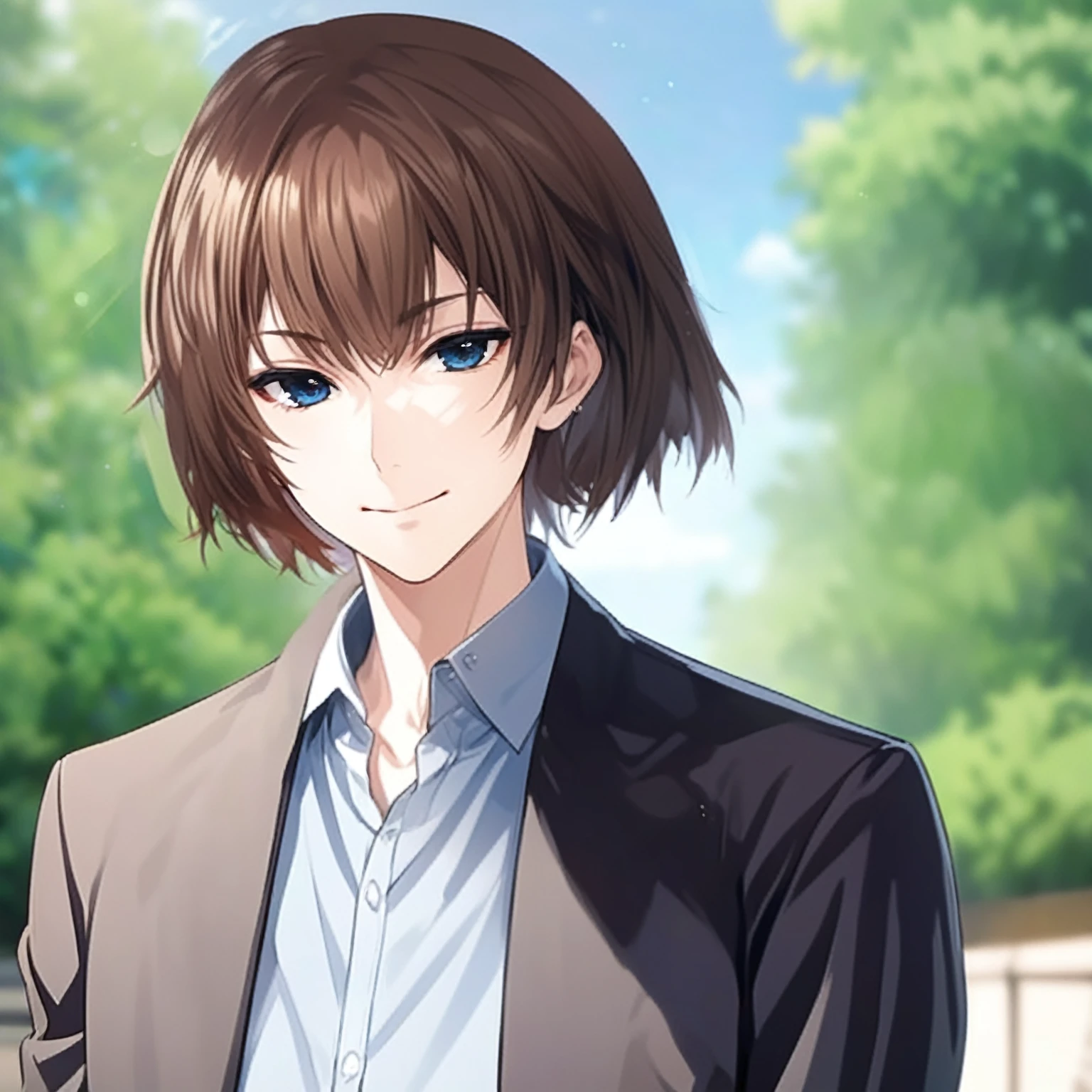 ((masterpiece)), ((Highest quality)), ((Anime image of a man with brown hair and blue eyes)), Anime handsome guy, Anime portrait of a handsome man, Smooth anime CG art, Beautiful, long, detailed eyes, Black , White shirt, ((Super detailed))