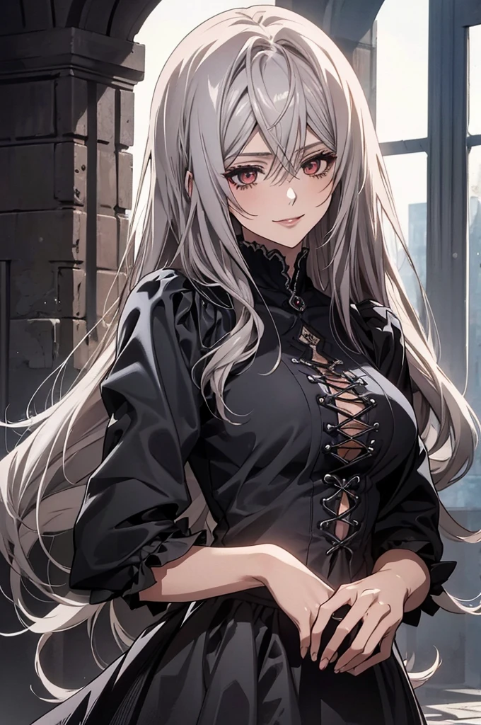 (Highest quality, High resolution, Very detailed), Silver Hair, Long Straight Hair, Reddish brown eyes, gothic ta, Large Breasts, 24th generation, Beautiful woman, mature, quiet, Calm, A small smile, ruins,