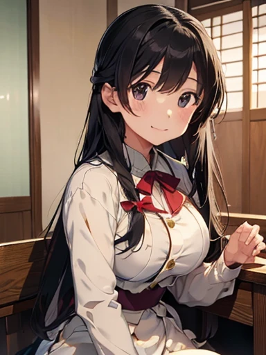 Tabletop, Highest quality, High resolution,10 years old,(hashikuji mayoi),Look at me and smile,((Meiji period～Nurses in the Showa Era)),(Classic maid outfit),Mentholatum,Big Breasts、Long black hair,Big Breasts