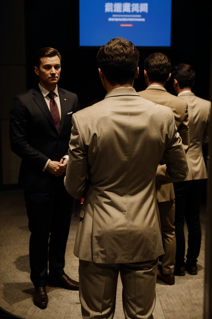 A man with his back turned is speaking to the people gathered in the hall, a conference. the man is in a suit, he is clear and well visible the background and people in fornt of him are blurred. He is standing on a stage