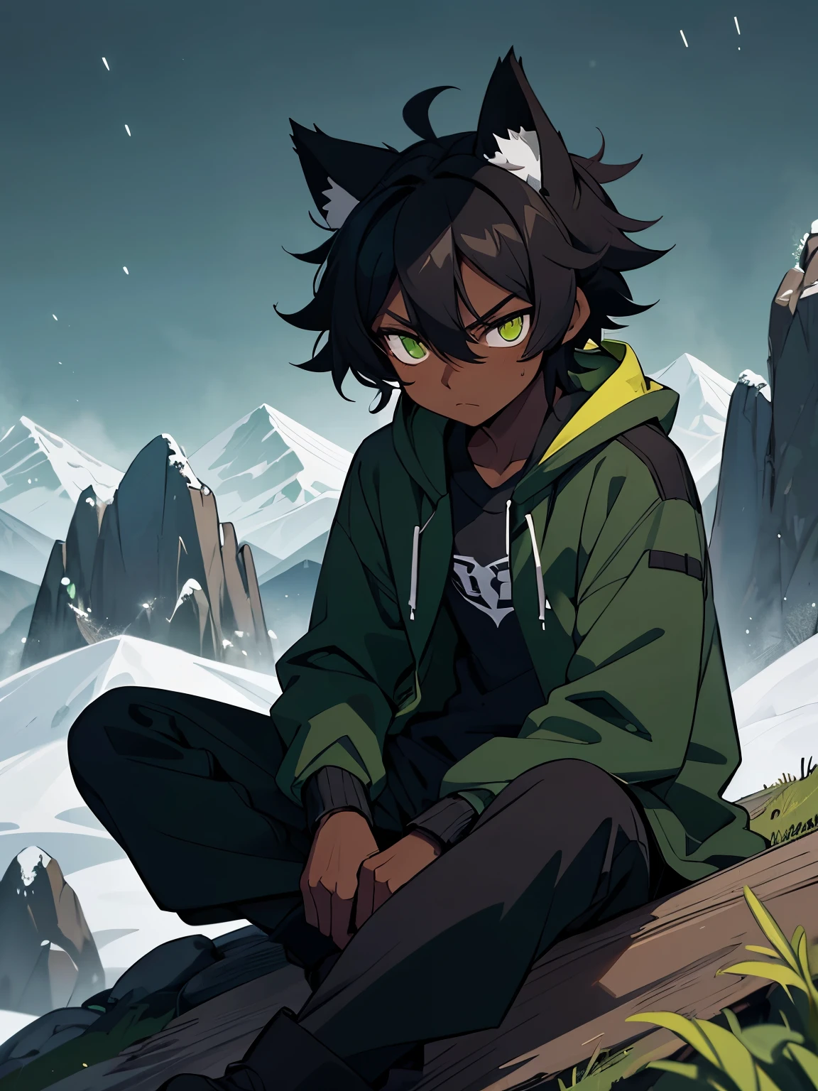 Best image quality, A young male, dark skin, black hair, messy hair, green eyes, black long-sleeved shirt, green coatcoat, black sweatpants, white boots, on a mountain at night, black cat ears, cold expression.
