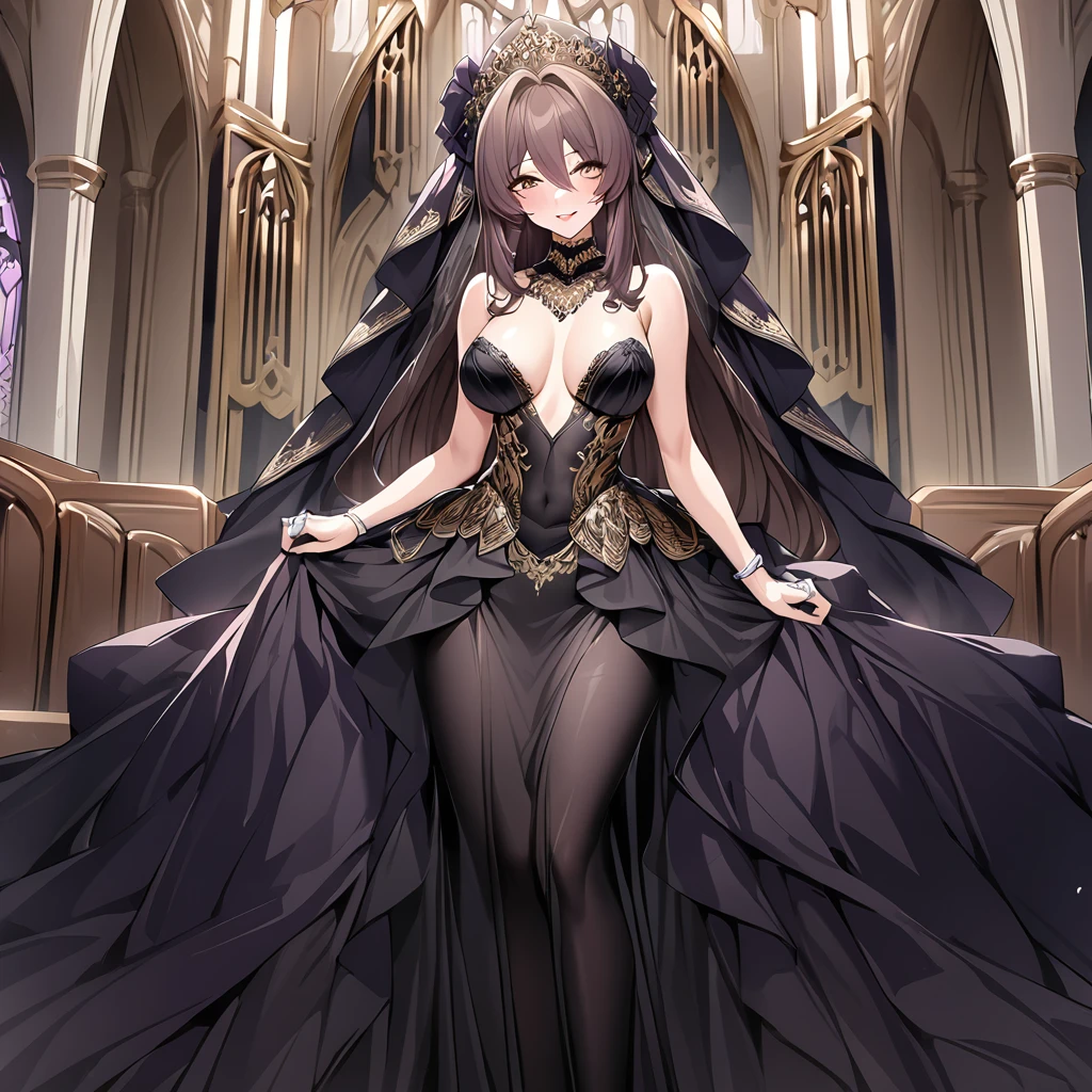 ((Highest quality)), ((masterpiece)), (detailed), （Perfect Face）、The woman is an Extia with medium-long brown hair, wearing a gorgeous black wedding dress with gold embroidery and trim, a black wedding veil, and an engagement ring.、The woman is happily getting married in a posh church belonging to an evil organization.