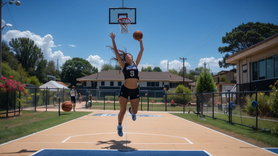 top quality, future world, one basketball hoop and one basketball net, State-of-the-art robot, one girl jump in the air, powerful dunk shot, basketball on hand