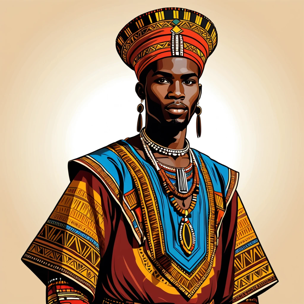 man in folk outfit from an unknown african ethnic group, vector graphics, strong contours