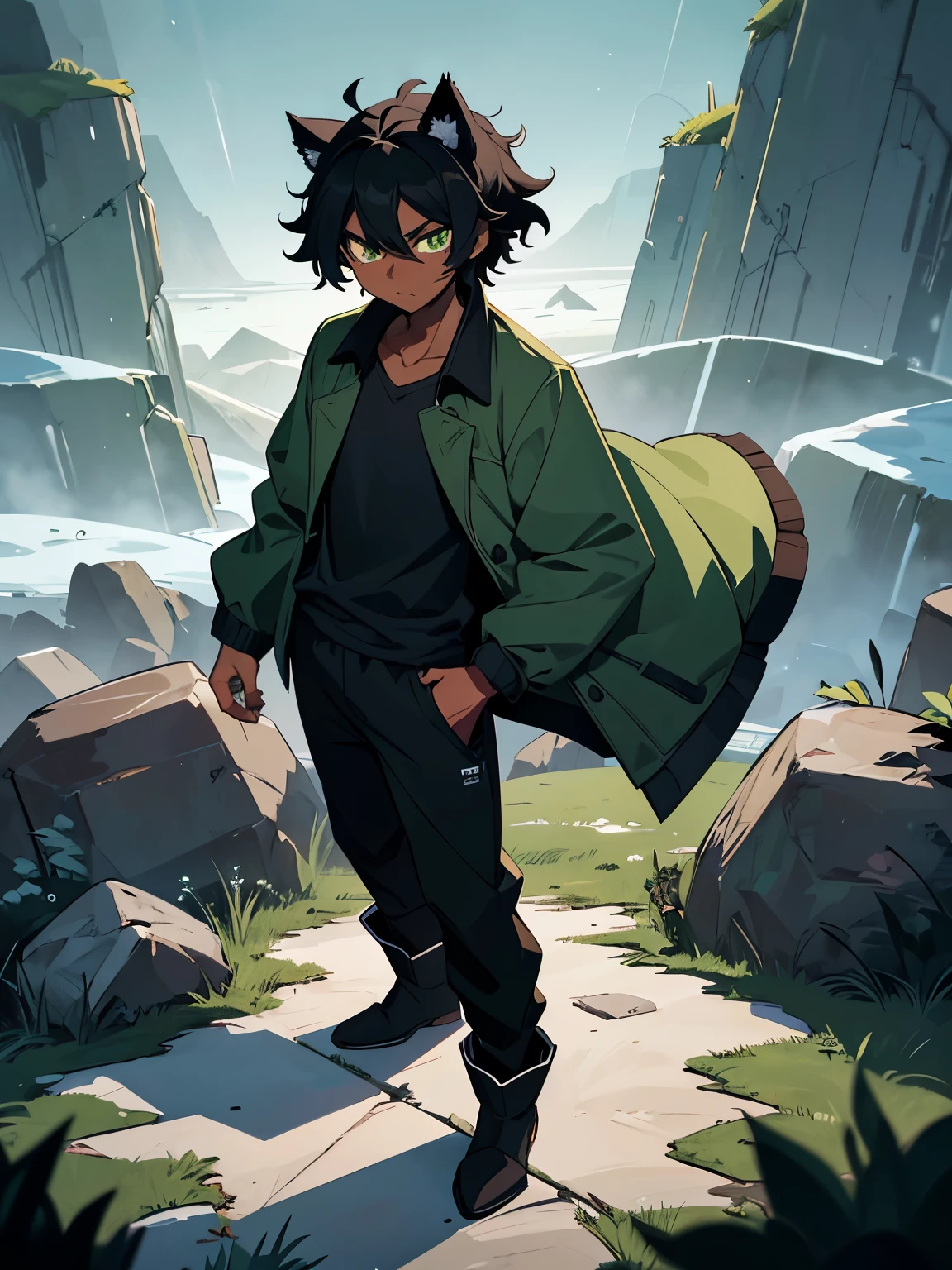 Best image quality, A young male, dark skin, black hair, messy hair, green eyes, black long-sleeved shirt, green coatcoat, black sweatpants, white boots, on a mountain at night, black cat ears, cold expression.