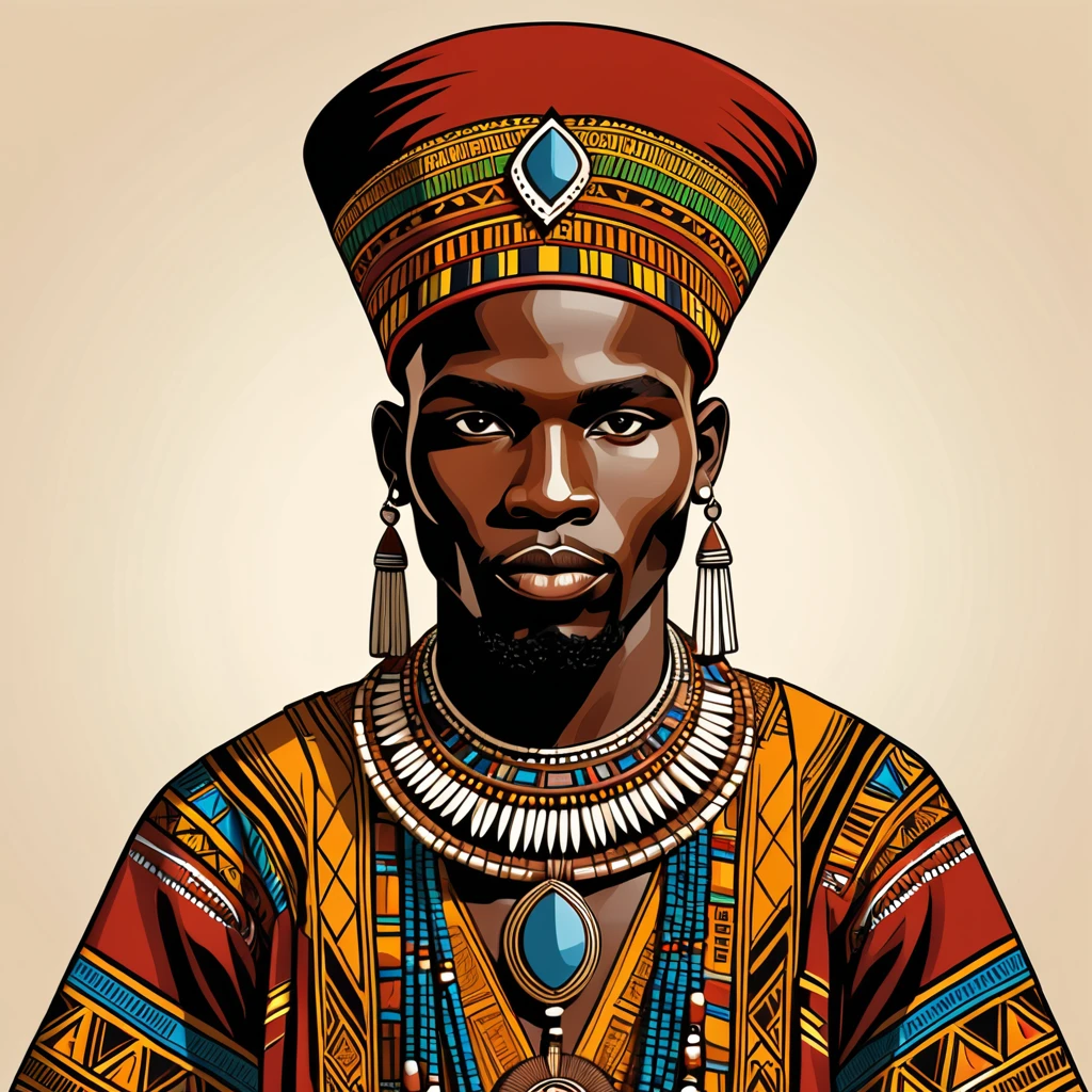 man in folk outfit from an unknown african ethnic group, vector graphics, strong contours