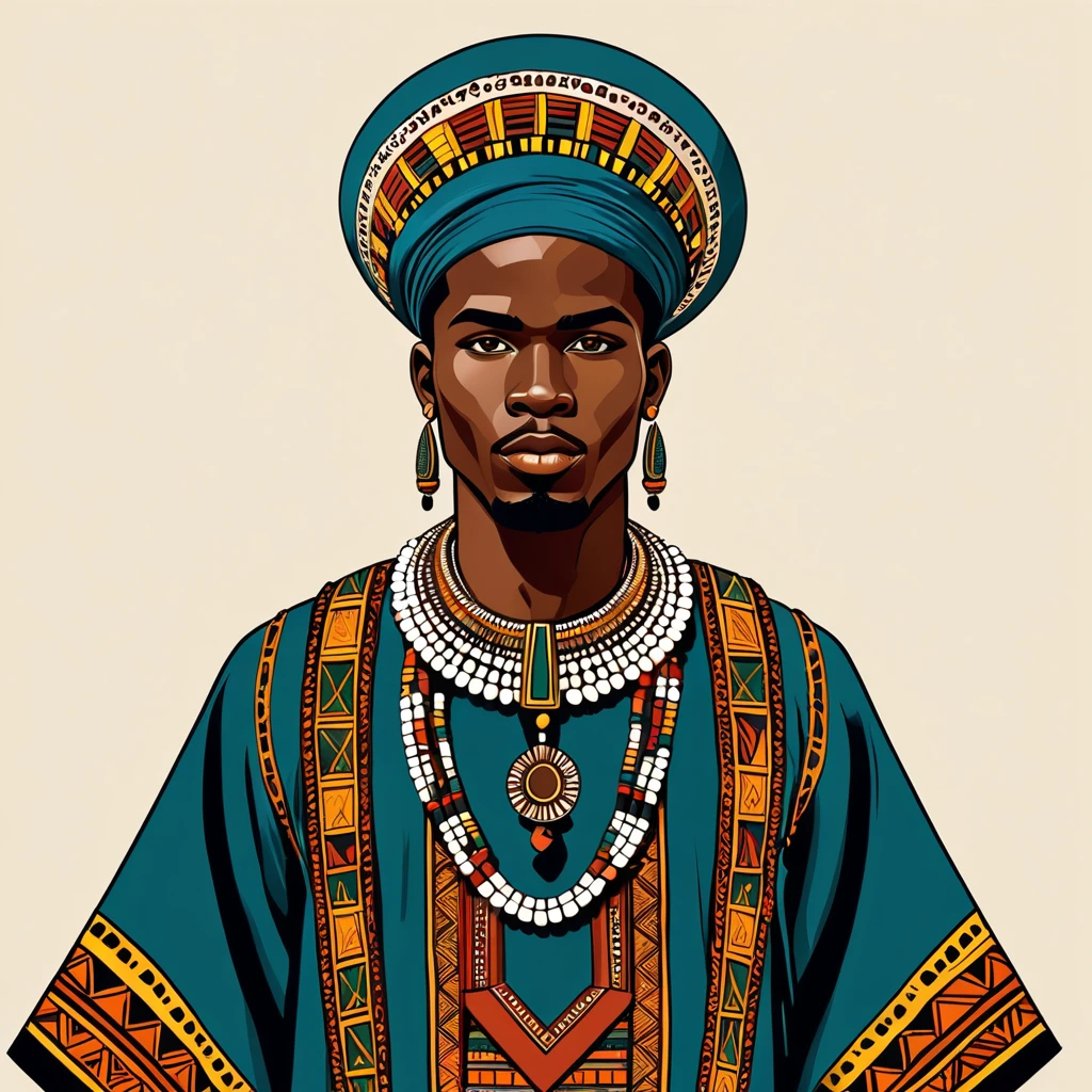 man in folk outfit from an unknown african ethnic group, vector graphics, strong contours