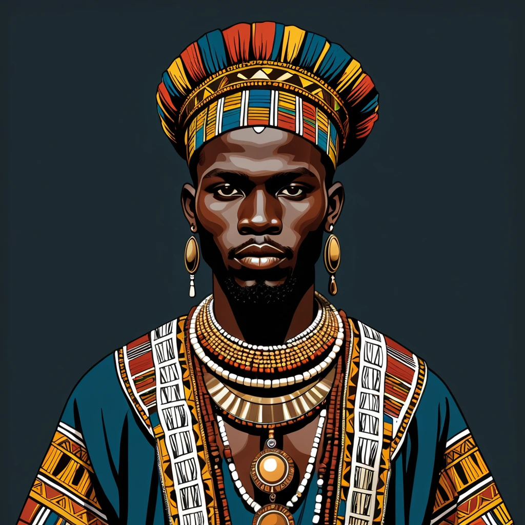 man in folk outfit from an unknown african ethnic group, vector graphics, strong contours
