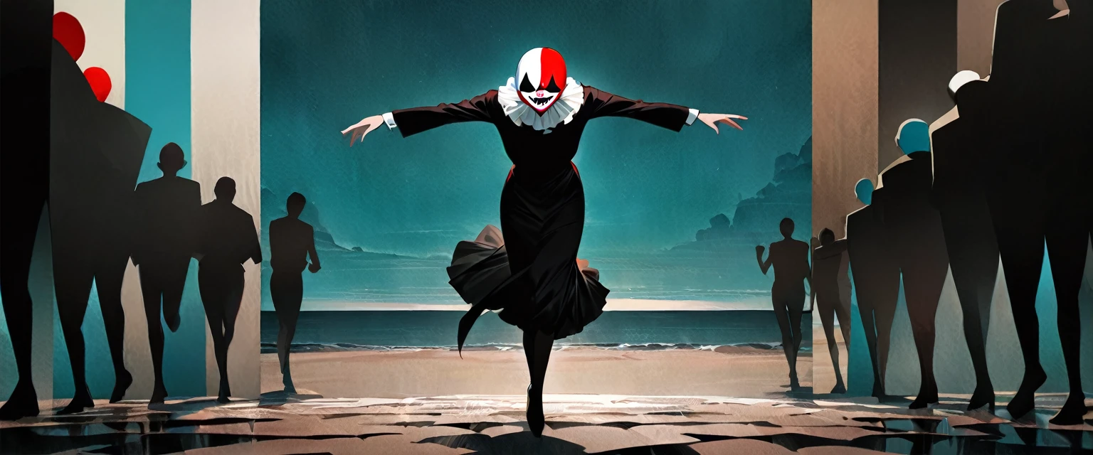 (((masterpiece,Highest quality))),(((A clown of unknown gender and face))),((No one else,Dancing wildly)),(A wilderness with an empty horizon,Split sky displayed in virtual texture),Focus on people,(high quality),アニメ,b3ks1n