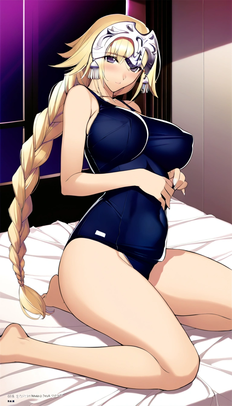 {{Masterpiece 1.3}},{Write in detail and carefully1.3},Official Art,Beautiful adult woman,Jannu d'Arc,Long blonde braids,Large Breasts,Erotic Seduction:1.5.,School Swimsuit,Embarrassing,Seduce in sexy poses,On the bed