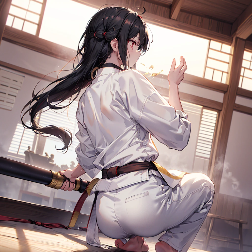 ((((Karate　Black belt　Get Ready))))　(((White Doshi　White trousers　Sweat　Bright red eyes　Black Hair　Long Hair　Tie your hair back　Side view)))　((Aura of Gold))　Shining Edge　Shining Background