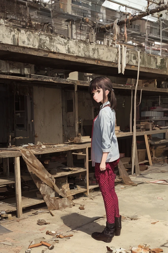 Girl captured by tentacles in abandoned factory　Tentacles in a skirt　Pants fabric texture　