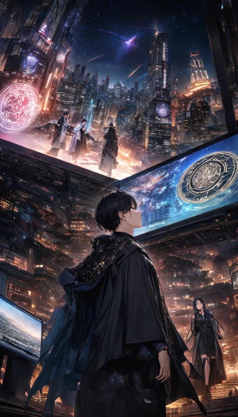 best quality, Ultra-high quality, 16K, Ridiculous, Very detailed, Delicate and dynamic, mysterious,Two characters， A man looks up at the starry sky with a demon standing behind him，Costume，(City)，Chang'an night view，The Glory of the Magic Circle，The character is at the bottom of the screen，Long-range photos，