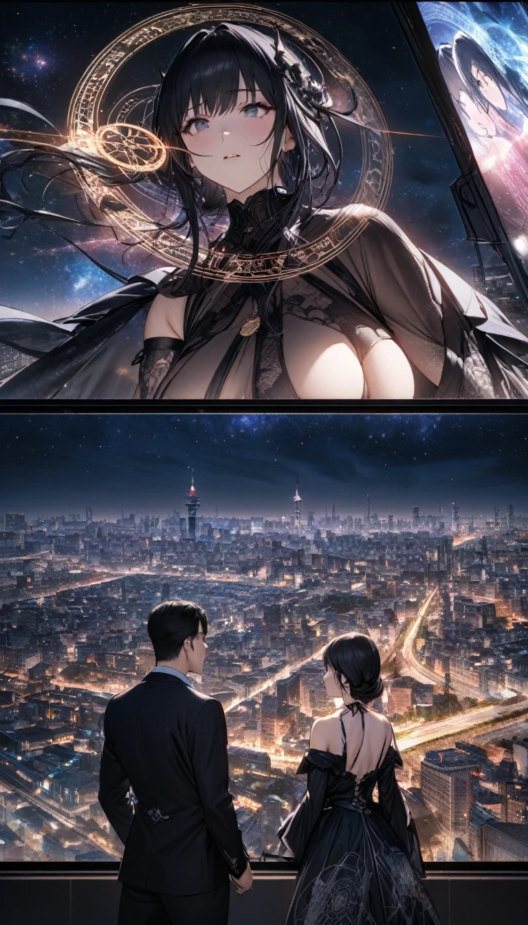 best quality, Ultra-high quality, 16K, Ridiculous, Very detailed, Delicate and dynamic, mysterious,Two characters， A man looks up at the starry sky with a demon standing behind him，Costume，(City)，Chang'an night view，The Glory of the Magic Circle，The character is at the bottom of the screen，Long-range photos，