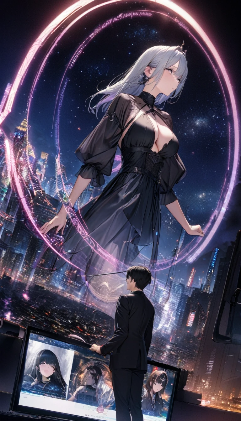best quality, Ultra-high quality, 16K, Ridiculous, Very detailed, Delicate and dynamic, mysterious,Two characters， A man looks up at the starry sky with a demon standing behind him，Costume，(City)，Chang'an night view，The Glory of the Magic Circle，The character is at the bottom of the screen，Long-range photos，