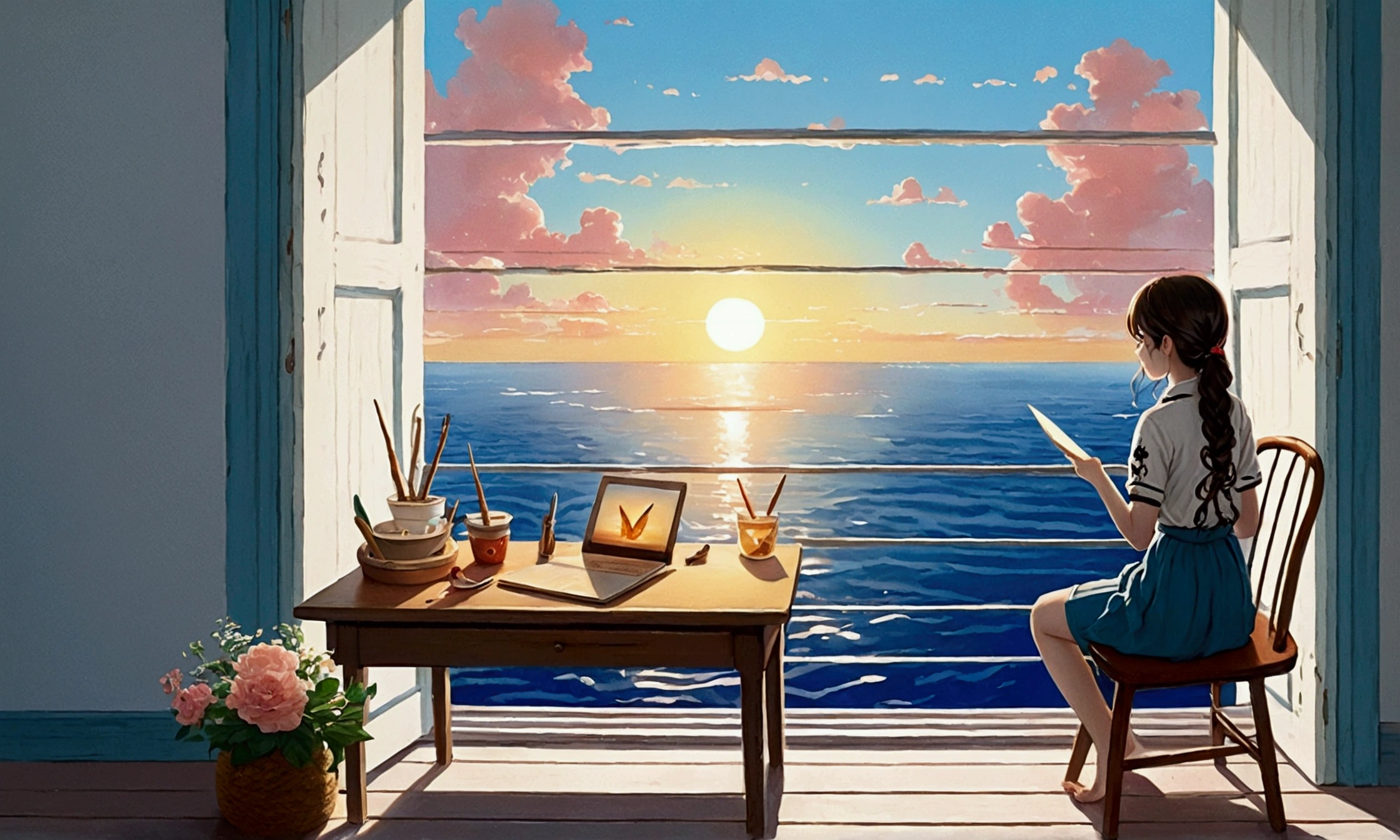 White Room、The sea seen from the window、evening、Girl Catching the Wind、Wooden chair and desk、Notebook on the desk、Sunset、anime