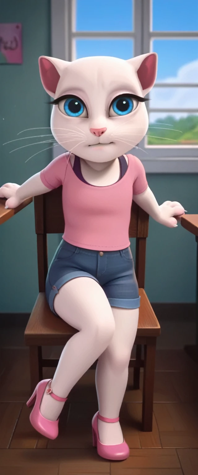 1 girl, cat, white fur, long whiskers on both sides of the face, large bright blue eyes, large black eyelashes, small pink nose, triangular ears with pink channels. There are high heels. front view legs woman sits on chair crosses one leg over the other