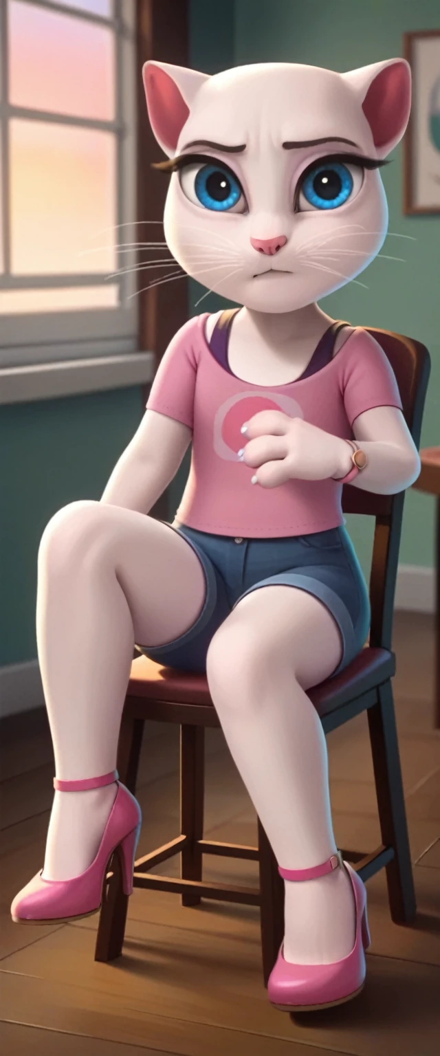 1 girl, cat, white fur, long whiskers on both sides of the face, large bright blue eyes, large black eyelashes, small pink nose, triangular ears with pink channels. There are high heels. front view legs woman sits on chair crosses one leg over the other