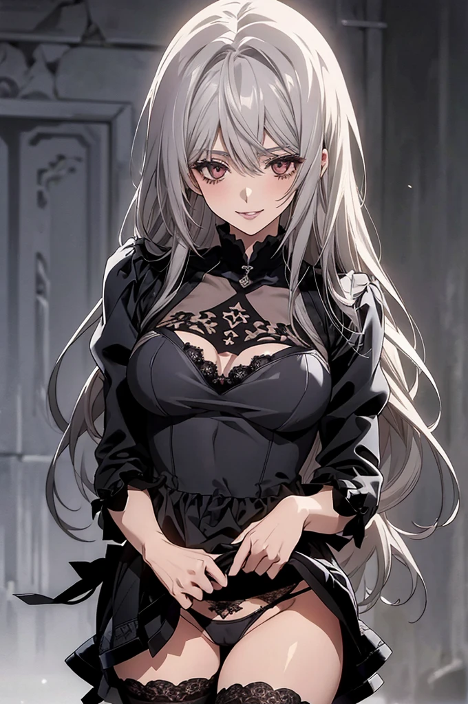 (Highest quality, High resolution, Very detailed), Silver Hair, Long Straight Hair, Reddish brown eyes, gothic ta, lace thong, Large Breasts, 24th generation, Beautiful woman, mature, quiet, Calm, A small smile, ruins,