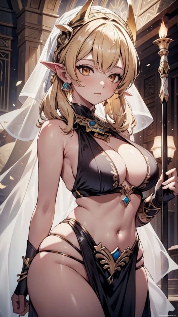 masterpiece,Female Warrior, best quality, high resolution, 1 Girl,clothing, Blonde Hair, Orange eyes, veil, diaphragm, Pointed ears, Large Breasts, Curvy beauty,Upper Body,Arabic dancers,Holding a spear