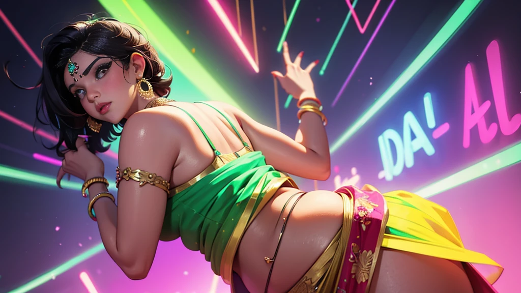 Desi bbw  short  saree neon background 