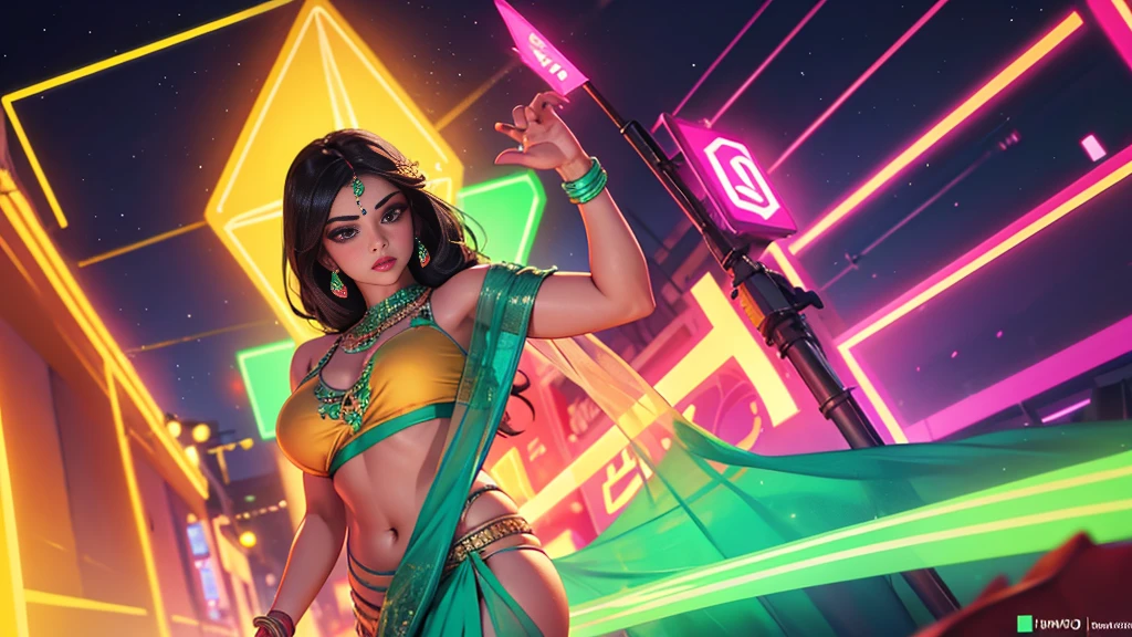 Desi bbw short saree neon background