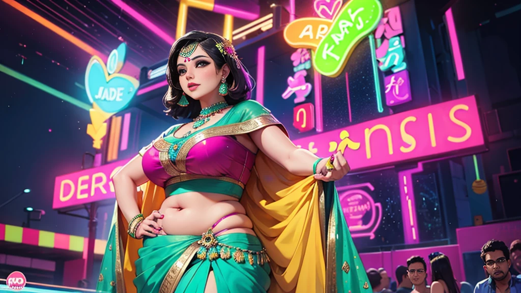 Desi bbw short saree neon background
