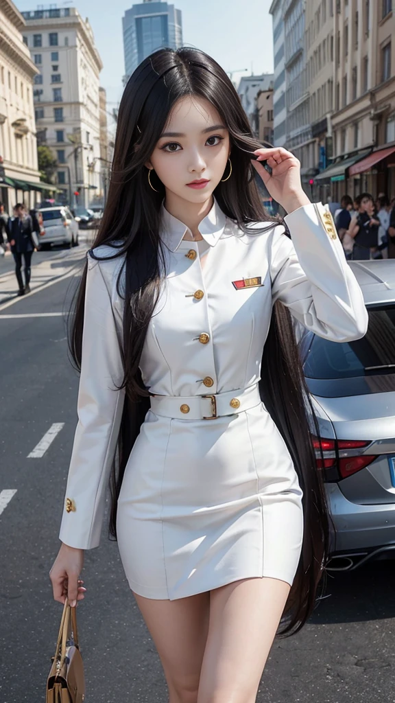 Highest quality, Masterpiece, 8D, Ultra high resolution, (reality:1.4), three girls, beautiful expression, decorated with royal accessories, high military rank, symmetrical eyes, big, body proportionsที่สมบูรณ์แบบ, airline stewardess, ชุดสูทwhite, Short pencil skirt, high-heelsสีดำ, rift, ขนาดbig, look at the audience, (ที่ลานgardenสาธารณะ:1.2), Long legs(1.3), smile, body proportions, สวมmilitary rank insignia, Colonel rank, Monument backdrop, royal ceremony, business woman, beautiful woman, Wear a suit and tie, short skirt suit, business suitwhite, กระโปรงดินสอสั้นwhite, business suitรัดรูป, All white outfit, Emphasize the curves of the body, (สาวสวยTwo meter long hair, my hair is very long., extra long hair, long black hair), business suit, (Italian style suit, two button suit), (Italian suit, white สูท, Set of two buttons), (wearing a women&#39;s suit, Business Women Suit, white), (สูทผู้หญิงwhite), (เสื้อเชิ้ตwhite), necktie, (necktieสั้นสีดำ, necktieสีดำ, necktieผอม, ถักnecktie), (military rank insignia), (Short pencil skirtwhite), (Dynamic posts), full body, (riftขนาดมหึมา), (หน้าอกbig, thin body, small waist, hips raised, small thighs, Long legs), high-heelsสีดำ, (Short pencil skirt, white), Wearing a suit for a business woman, (Wearing a white businesสูท, business suitหญิงwhite), (tight, military regalia, เสื้อwhite, กระโปรงwhite), Long legs, (black shoes), (Two gold สูท buttons, Two meter long hair, Form fitting suit, เสื้อสูทwhiteทรงธรรมดารัดรูป), (black shoes, high-heels), (stand, walk, elegant gesture, Dynamic posts), short dress, earring, garden, Modeling, ภาพfull body, เหมือนfull body