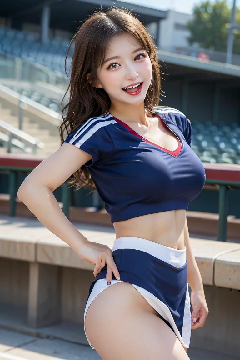 Baseball Stadium Cheerleaders, Highest quality, shape, Very detailed, In detail, High resolution, 8k wallpaper, Perfect dynamic composition, Beautiful details, Natural Lip, Cute cheerleader uniform, Big Breasts,Cleavage,, She is laughing and dancing with random expressions..., A masterpiece of the whole body, Side shot