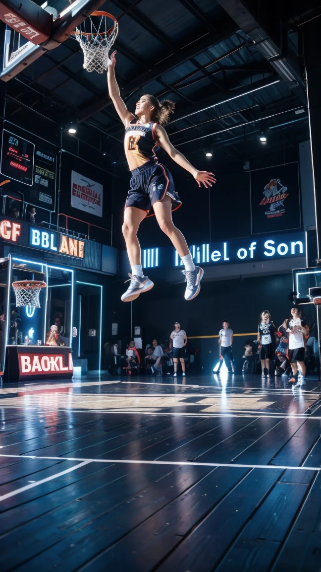 top quality, future world, State-of-the-art robot, Beautiful Woman flying hair, Transformed into a cyborg except for the face, sexy images, whole body photo, ((basketball match, dunk, woman jump high in the air and she push the basketball into the basket))