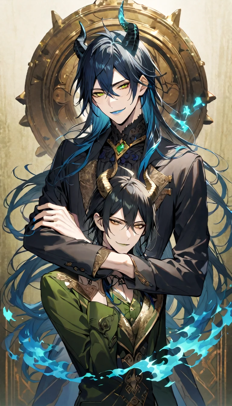 (pieces fly), (highest quality), very detailed, ((two men)), perfect face, beautiful face, very detailed face,full body shot, (black haired man:1.3),(blue haired man:1.3),suit,shirt,smile,flower, (1st boy,Idia Shroud, bishounen, boy, male, extremely long hair, blue hair, blue fire hair, wavy hair, yellow eyes, tired expression, blue lips, handsome, skinny, geeky, blue glow, shark teeth,) (2nd boy, malleus draconia \(twisted wonderland\) horns, bishounen, boy, male, long hair, black hair, yellow green eyes, smile, gray lips, handsome, skinny, tall, yellow green glow,) Two men are hugging each,