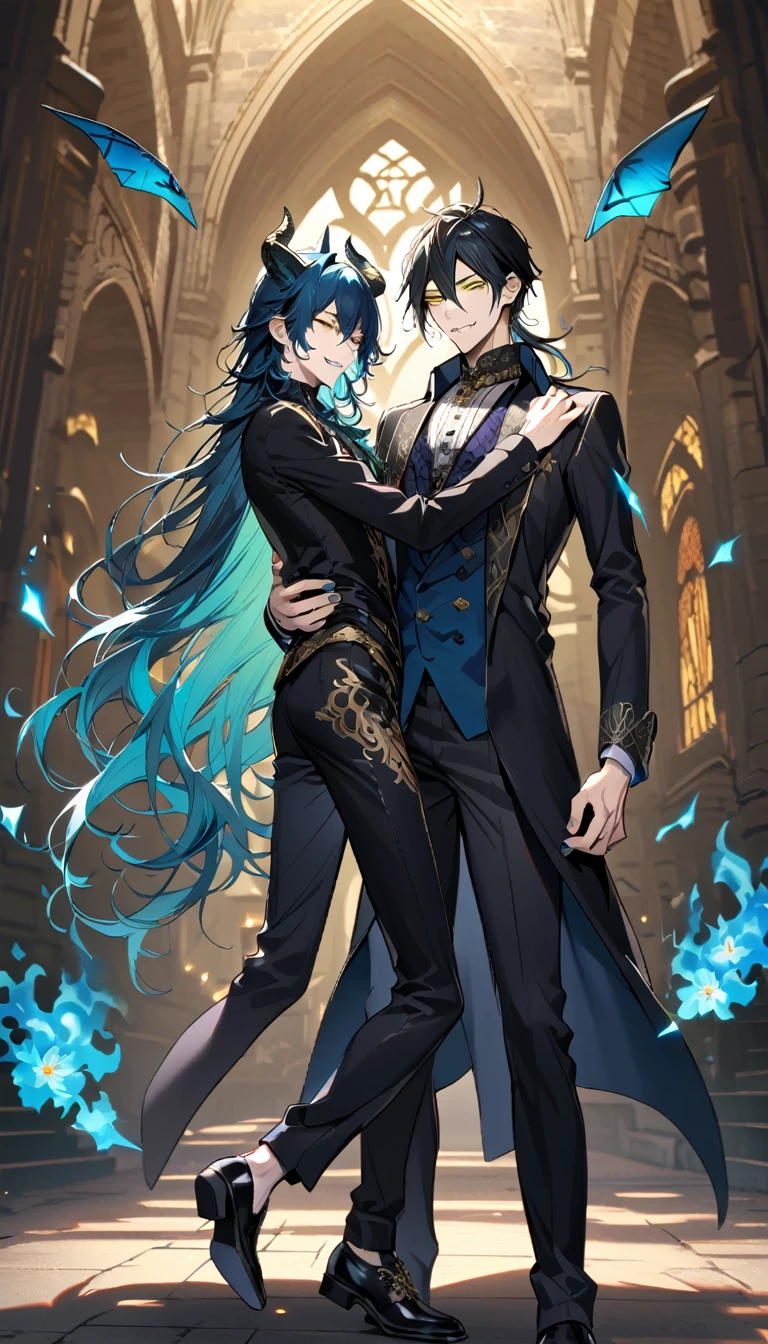 (pieces fly), (highest quality), very detailed, ((two men)), perfect face, beautiful face, very detailed face，full body shot, (black haired man:1.3)，(blue haired man:1.3)，suit，shirt，smile，flower, (1st boy,Idia Shroud, bishounen, boy, male, extremely long hair, blue hair, blue fire hair, wavy hair, yellow eyes, tired expression, blue lips, handsome, skinny, geeky, blue glow, shark teeth,) (2nd boy, malleus draconia \(twisted wonderland\) horns, bishounen, boy, male, long hair, black hair, yellow green eyes, smile, gray lips, handsome, skinny, tall, yellow green glow,)  Two men are hugging each,