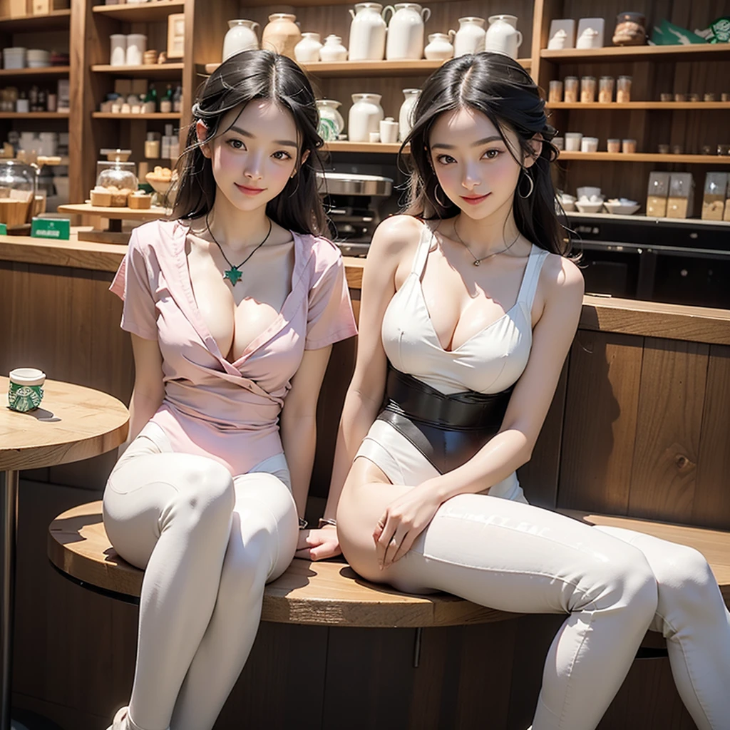 (((((((((Emphasize cleavage))))))))) 


(((((((((Woman in pink and white high leg leotard)))))))))
((((((White skin))))))
((((((Heavy makeup))))))


(((((((((Full body photo)))))))))
 (((((((お洒落でcuteInside the Starbucks store))))))) 
8k、RAW Photos、Highest quality、Super detailed、Super Resolution、Ultra HD、8k wallpaper、Amazing details 

(((((((((((Inside the Starbucks store)))))))))))、
 ((((((Sit down and eat cake、Drink Starbucks coffee、smile))))))、((Heart Necklace)) Modern and sleek design：Interior design using natural materials、Many of the designs are warm and made using wood and metal.。 Large windows：自然光をたっぷり取り入れるためのLarge windowsがあり、Providing a bright and open space。 Green Interior：Potted plants are effectively placed、It creates a relaxing atmosphere。 artwork：Works by local artists、Starbucks-related art on display。 Cozy seating：Cushioned chairs and sofas、Bar sheet etc.、A variety of seating options available。 Open kitchen area：Being able to see how drinks and food are made、We provide peace of mind and transparency。 Unique lighting：Antique lamps and chandelierodern lighting fixtures are used。 Comfortable background music：Relaxing music is playing、A comfortable space is provided。 Wide々Table space：一人でもグループでも使いやすいWide々There is a table with。 Community Table：There is a large table where you can socialize with other customers.。 Seasonal decorations：The decorations are themed according to the season.。 Design with a local feel：The design incorporates the local culture and characteristics.。 Fragrance production：コーヒーの香りが店内にWideがり、A space that satisfies the five senses has been created.。 Conversation with a barista：フレンドリーなConversation with a baristaが楽しめるカウンターエリアがあります。 8k、RAW Photos、Highest quality、masterpiece:1.2、Super detailed、Super Resolution、Ultra HD、8k wallpaper、Amazing details、Photorealistic:1.4、Having fun by the water、Full Body Shot、Full body photo、High-resolution RAW color photos、Professional photos、A scene full of emotion、Very detailed and beautiful、Ultra HD、8k wallpaper、Amazing details、Huge file sizes、Highly detailed beautiful girls、Highly detailed face Highly detailed eyes、Extremely realistic skin、 Highly detailed fingers, Highly detailed nose, Highly detailed mouth, Perfect Anatomy, Highly detailed background, Highly detailed clothing, Teen, cute女の子, Famous Japanese Idols, cute, Realistic body, Slender, White skin, Glowing Skin, Slim body, Realistic Face, Delicate eyes, double eyelid,


