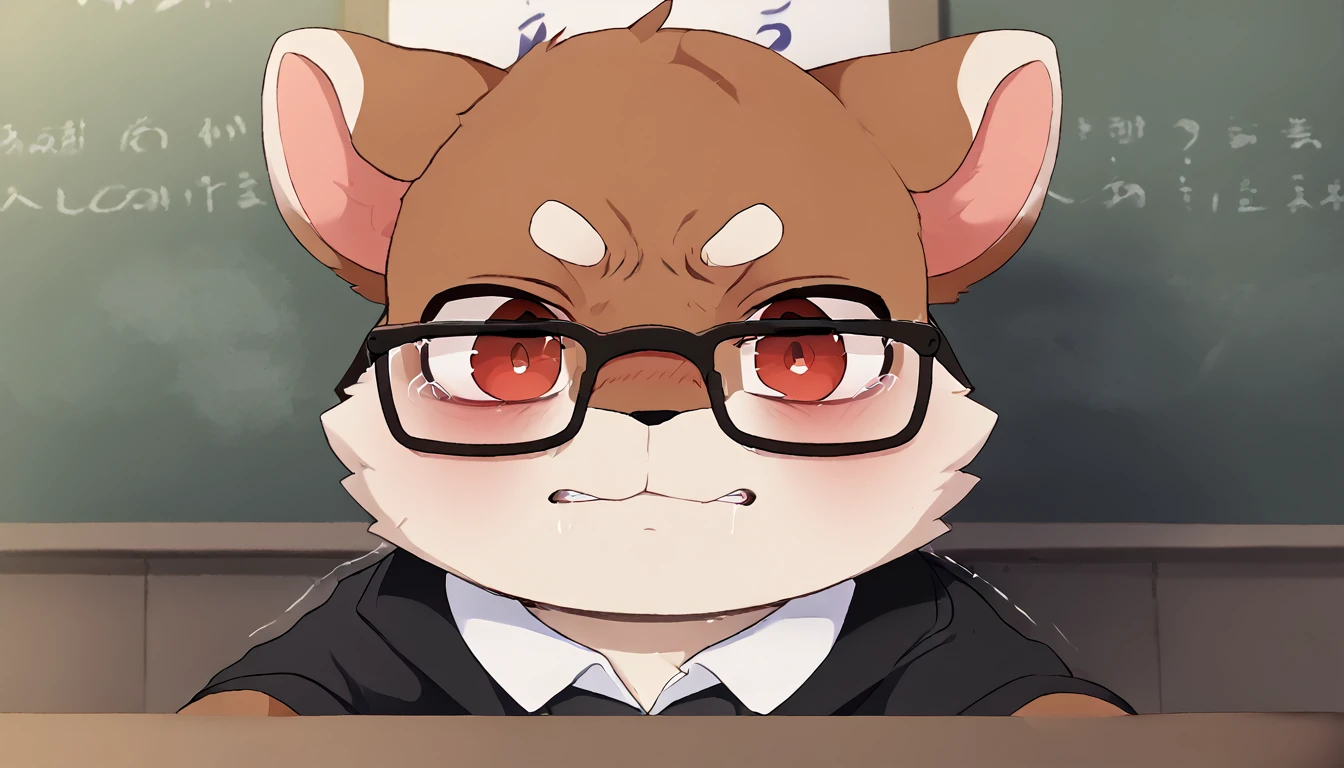 A mcat have colour dark brow fur with red eyes, wear glasses a bit show small dick with uncomfortable face and scare because losing with a dealer