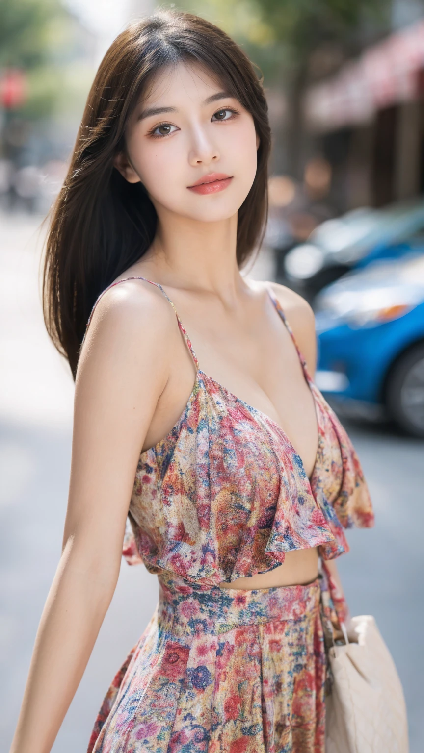 ((Best quality, 8k, masterpiece:1.3)),1girl,18 years old,Asian,Real texture:1.3,(Background blur:1.1),Dress Up,Tall and slender figure:1.2,(Hot summer weather),(street:1.3),Highly detailed face and skin textures,Exquisite eyes,Long eyelashes,Double eyelids,Skin Whitening,happy,Various postures,Breast