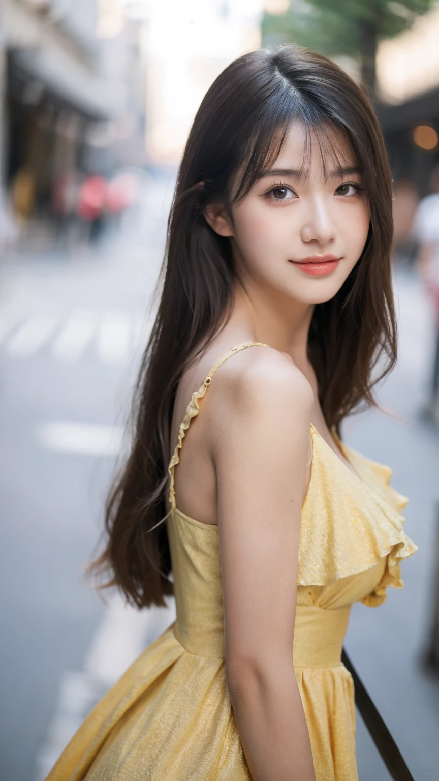 ((Best quality, 8k, masterpiece:1.3)),1girl,18 years old,Asian,Real texture:1.3,(Background blur:1.1),Dress Up,Tall and slender figure:1.2,(Hot summer weather),(street:1.3),Highly detailed face and skin textures,Exquisite eyes,Long eyelashes,Double eyelids,Skin Whitening,happy,Various postures,Breast
