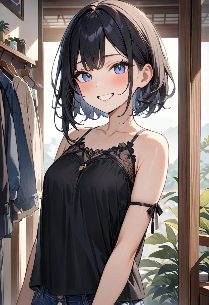 (masterpiece, top quality, very aesthetic, 4k、illustration), intricate detail, 1girl,Standing 、(upper body)、grin、()、
Cute 、black hair、,middle hair,sidelock ,,blue eye、Casual clothes、small breasts、Slim 、