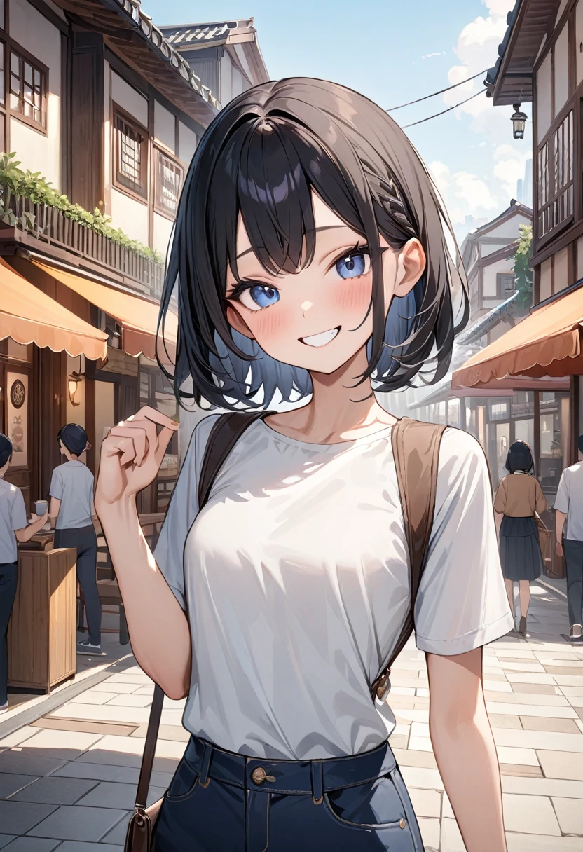 (masterpiece, top quality, very aesthetic, 4k、illustration), intricate detail, 1girl,Standing 、(upper body)、grin、()、
Cute 、black hair、,middle hair,sidelock ,,blue eye、Casual clothes、small breasts、Slim 、