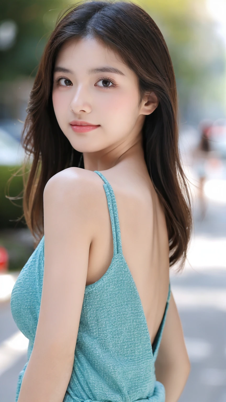((Best quality, 8k, masterpiece:1.3)),1girl,18 years old,Asian,Real texture:1.3,(Background blur:1.1),Dress Up,Tall and slender figure:1.2,(Hot summer weather),(street:1.3),Highly detailed face and skin textures,Exquisite eyes,Long eyelashes,Double eyelids,Skin Whitening,happy,Various postures,Breast