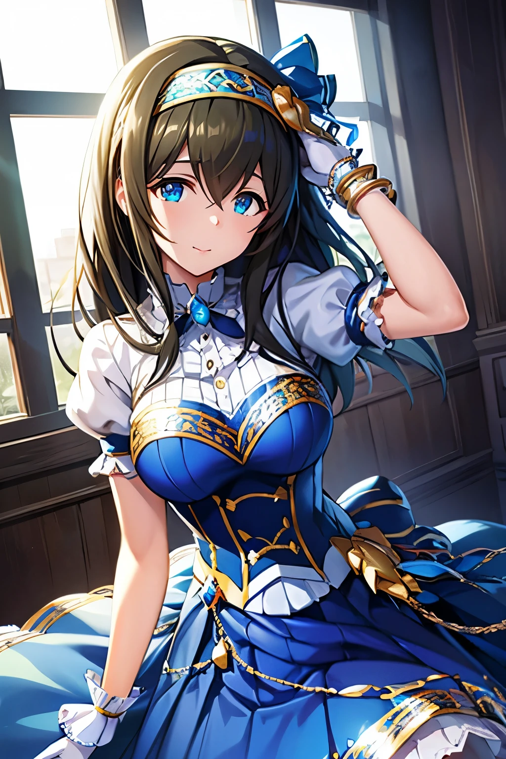 fffumika, idolmaster, long hair, hairband, blue dress, puffy short sleeves, bracelet, elbow gloves, white gloves, masterpiece, best quality, high resolution, high details