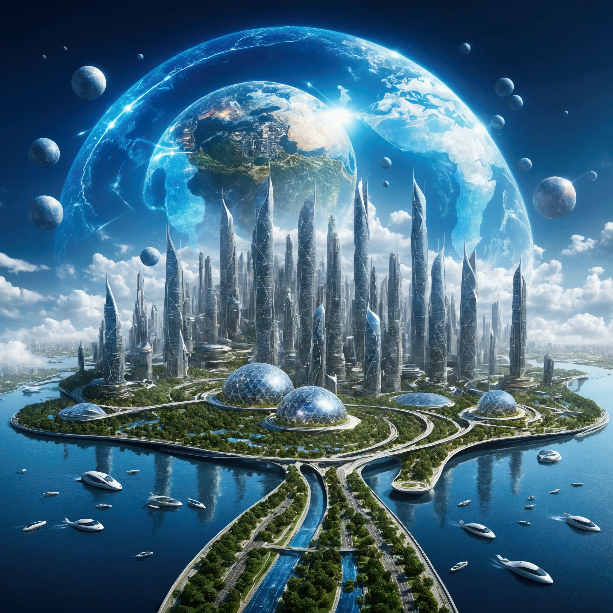 An image of a city with bridges and a large globe, Future city background, City of the Future, Future Cityscape照片, Future Cityscape, Future Utopian City, Cybernetic city background, Future city background, beautiful City of the Future, Otherworldly city of the future, A vision of the city of the future, Human future city, a high-tech floating island, sky technology city