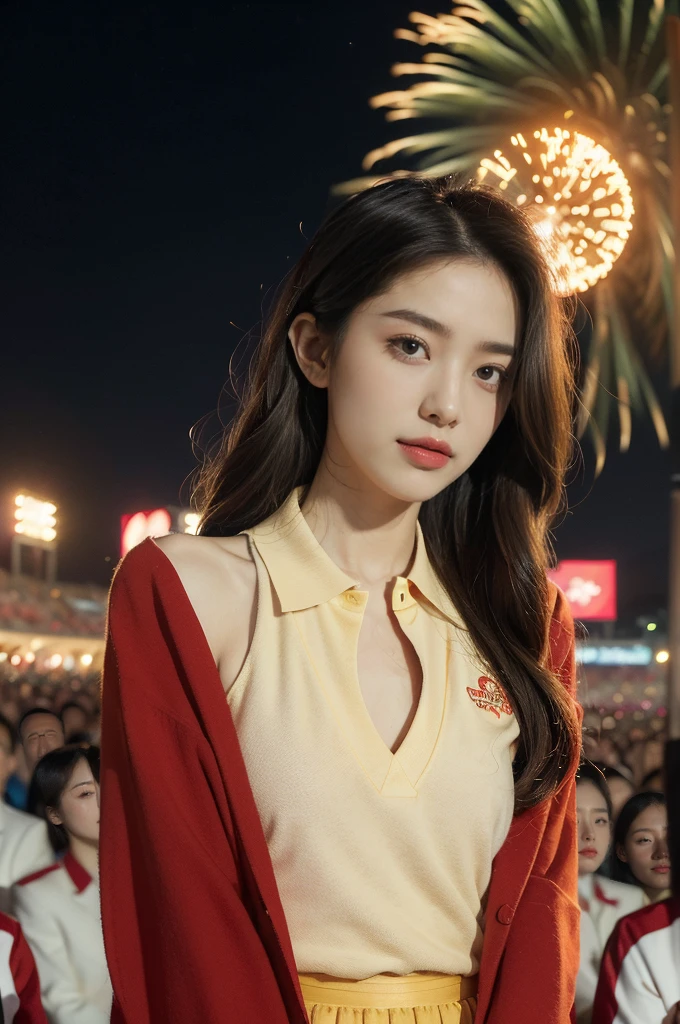 (((best quality))),(((ultra detailed))),(((masterpiece))),illustration, ((Olympic Opening Ceremony,in Paris,summer night,magnificent National stadium of France,Olympic flame, fireworks)),(crowded crowds of enthusiastic spectators:1.3),((a beautiful Chinese girl,solo)),((shoulder length straight hair:1.2)),((slim,thin)),((small breasts,flat chest)),(red polo blazer:1.5),(yellow skirt:1.2),(slender legs:1.2),excited expression, awe, celebrating, electric atmosphere, sense of pride, excitement, playing field, crowd energy, unity, camaraderie, representing China, historic event, memorable moment,((from front,upper body))