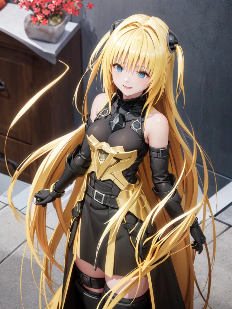 mansion bedroom, In the middle of the night, Moonlight, Sitting on the bed, (masterpiece:1.4), (Highest quality:1.4), Realistic, One girl, konjiki_phi_mine, Golden Hair, Very long hair, Both sides up, hair ornaments, Exposing shoulders, Black Dress, Clothing cutouts, Removable sleeves, belt, Thigh straps, smile, Swayback stance:1.5, armpit:1.6, Open your mouth, Outdoor, unity 8k wallpaper, (figure:0.8), (Beautiful attention to detail:1.6), Highly detailed face, Highly detailed CG, (3D Face:1.1), (Shiny skin:1.5), (Ultra-high resolution intricate face details), (Facial skin pores:1.3), Ultra high resolution cloth texture, (Canon EOS-1D X Mark III camera for outstanding detail:1.2), (Combined with Canon EF24-70mm f/2.8L II USM Lens:1.2), Huge breasts