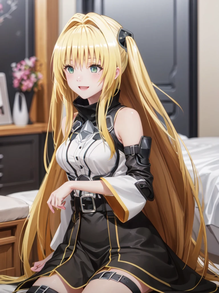 mansion bedroom, In the middle of the night, Moonlight, Sitting on the bed, (masterpiece:1.4), (Highest quality:1.4), Realistic, One girl, konjiki_phi_mine, Golden Hair, Very long hair, Both sides up, hair ornaments, Exposing shoulders, Black Dress, Clothing cutouts, Removable sleeves, belt, Thigh straps, smile, Swayback stance:1.5, armpit:1.6, Open your mouth, Outdoor, unity 8k wallpaper, (figure:0.8), (Beautiful attention to detail:1.6), Highly detailed face, Highly detailed CG, (3D Face:1.1), (Shiny skin:1.5), (Ultra-high resolution intricate face details), (Facial skin pores:1.3), Ultra high resolution cloth texture, (Canon EOS-1D X Mark III camera for outstanding detail:1.2), (Combined with Canon EF24-70mm f/2.8L II USM Lens:1.2), Huge breasts