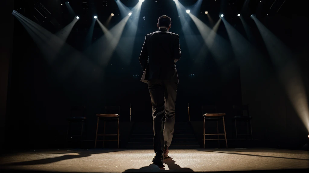 A man in a suit stands on the stage, his back turned to the camera. He holds a microphone in front of him in his hand. His face is illuminated by a spotlight. In front of him, a blurry audience can be seen. The stage is lit with warm light, and the color scheme is subdued and elegant.