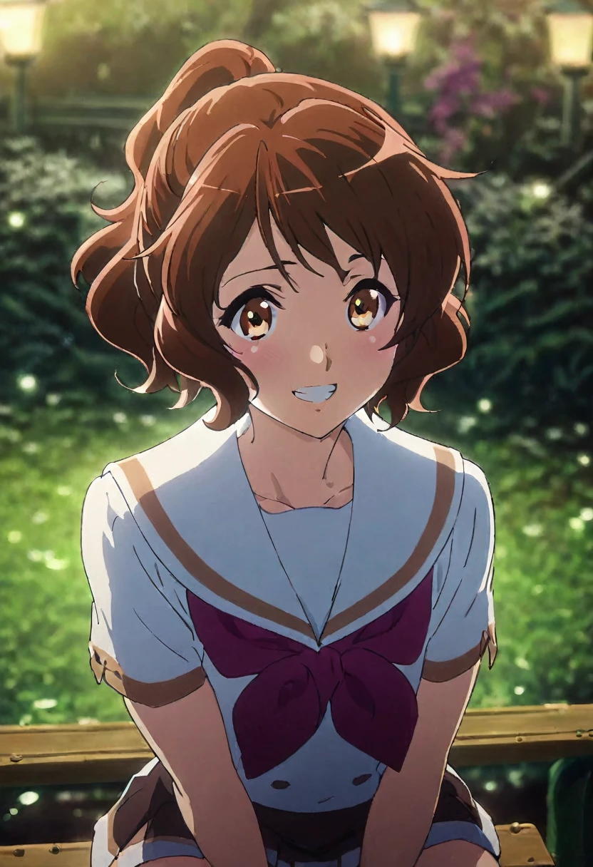 Oumae Kumiko,nsfw ,smile, Grin, break ,,Staring at the audience,(masterpiece:1.2), Outdoor,garden､Sit on a bench､mini skirt,Spread your legs,pants､Soft thighs､Highest quality, (Beautiful attention to detail:1.6), Highly detailed face, Perfect lighting,