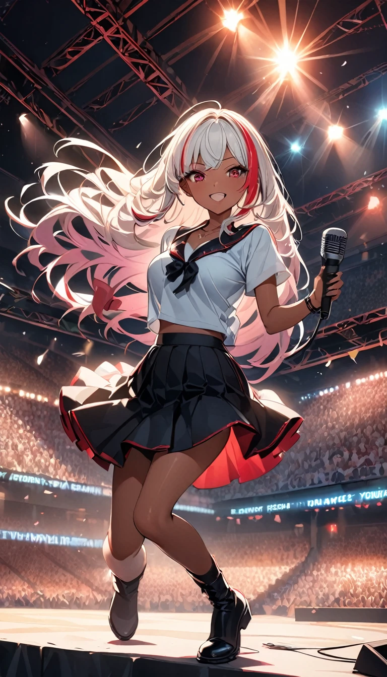 (highest quality:1.2, Very detailed, up to date, Vibrant, Ultra-high resolution, High Contrast, masterpiece:1.2, highest quality, Best aesthetics), Portraiture、girl、singer、stage、performance、Rock Music、Bright colors、Beautiful fine details、Beautiful lip detail、midium wave hair、red and white ((streaked hair:1.6)), highlights hair: 1.5, red eyes, slim body, middium breast, (tan skin:1.1), Music band、powerful action pose、Concert Light、Edgy Style、Skirt-style-bikini、loose fit, Dynamic Movement、hypnotic sounds、Stadium、amplifier、Loud music、shouting into the microphone, vocal, jumping:1, left hand up, (right hand holding mike stand:1.5), (Floral Fineline tattoo design on left arm:1), ((mike stand)), Powerful vocals、Passionate performance、Sparkling stage、Concert atmosphere、Music Festival、Full of emotion、Rock star attitude、Resolute expression、Avid Fan、The presence of an attractive stage、 Expressive gestures、Rock star aura、An exciting atmosphere、Sing with all your heart、An unforgettable show, ((full body:1.5)),