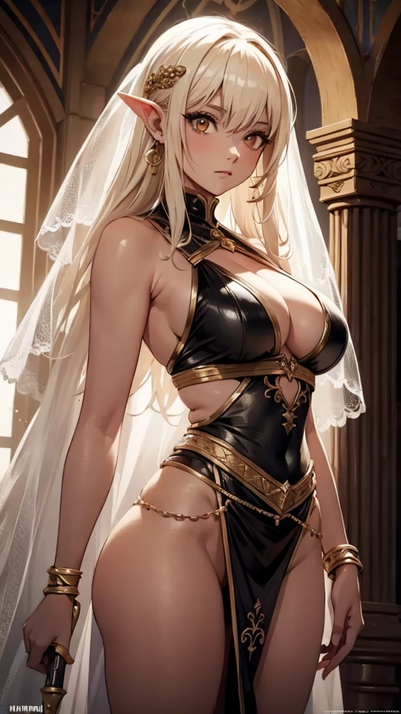 masterpiece,Female Warrior， best quality, high resolution, 1 Girl,clothing, Blonde Hair, Orange eyes, veil, diaphragm, Pointed ears, Large Breasts, Curvy beauty,Upper Body,Arabic dancers，Holding a spear