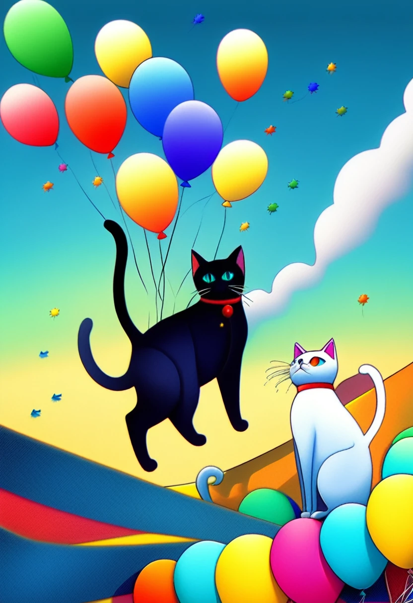 (A bunch of cats with balloons falling from the sky:1.4), Pop Art、Surrealism、sea-blue 、Sky of various colors、blue sky、(Black cat、Three-haired cat、White cat) 、 slope、Fractal Art、background, slope sky, moon, Summer background, Colorful sky, blue sky、 Twilight, malachite, Pop Surrealism , Highest quality、Texture of drawing paper、Pop Surrealism Pop Art描画、Fractal Art